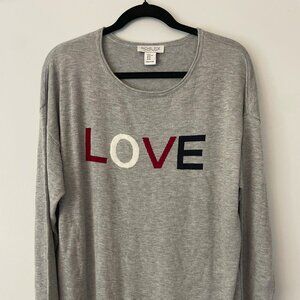 Rachel Zoe Gray 'LOVE' Crewneck Sweater with Red, White, and Navy Lettering